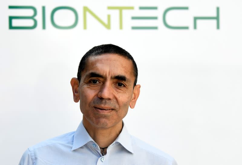 FILE PHOTO: Ugur Sahin, CEO and co-founder of German biotech firm BioNTech, is interviewed by journalists in Marburg