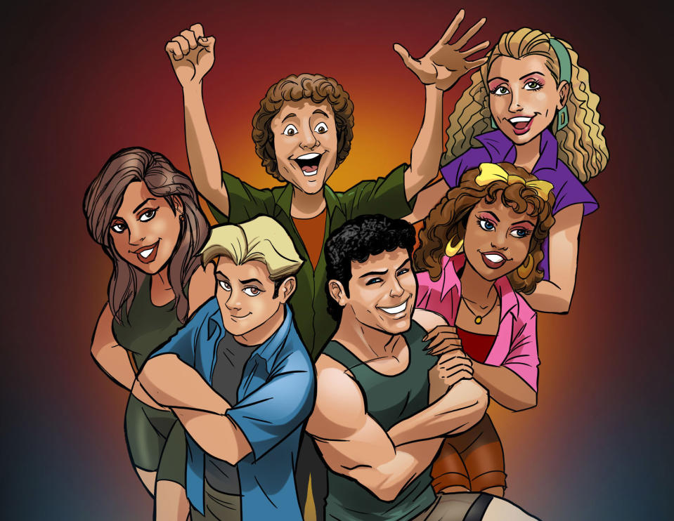 This image released by Lion Forge Comics shows an animated version of the cast from the popular TV series "Saved by the Bell." NBCUniversal is partnering with Lion Forge Comics to develop licensed comic books based on popular TV shows from the 1980s and 90s. In addition to "Saved by the Bell," Lion Forge will will write, develop and publish digital comics based on "Airwolf," "Knight Rider," "Miami Vice," and "Punky Brewster." (AP Photo/Lion Forge Comics)