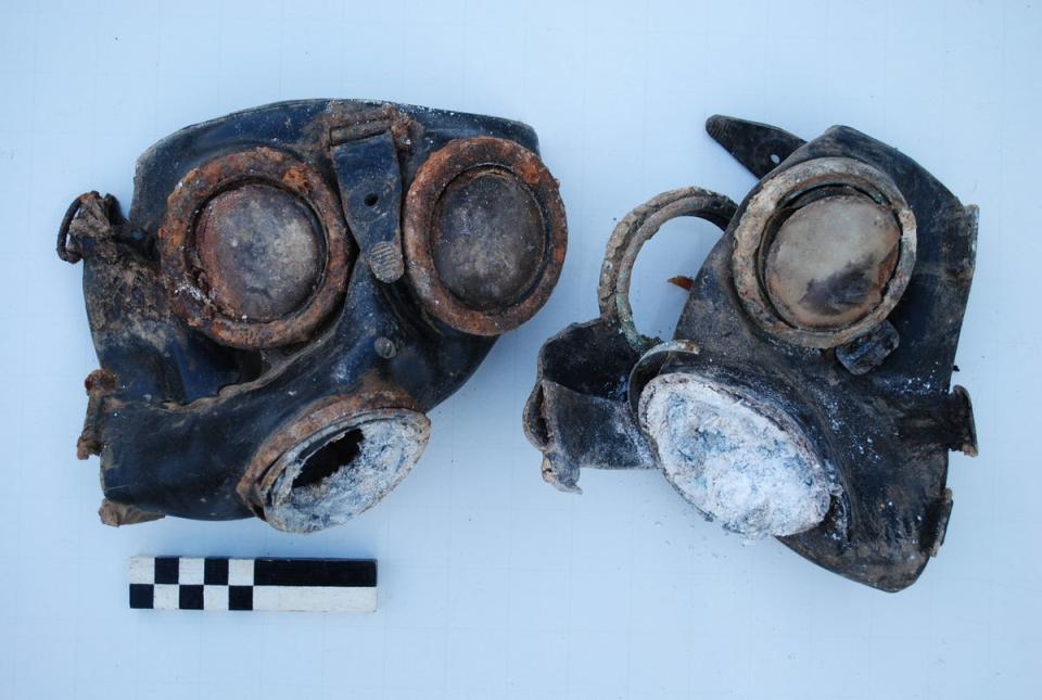 Two German gas masks, discovered by the archaeologists in a German dugout (Battlefield Archaeology Group)