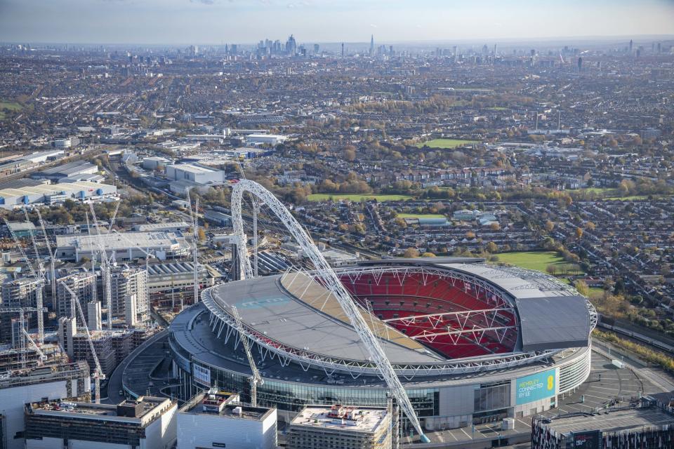 Aerial view of Wembley Park and Wembley Stadium, Brent, England, with the towers of Central London in the far distance. (Photo: Jason Hawkes/Caters News)