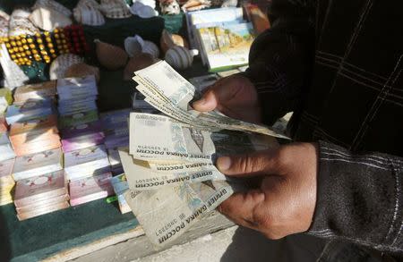 A street merchant counts Russian roubles at his shop in Sevastopol in this March 24, 2014 file photo. REUTERS/Vasily Fedosenko/Files