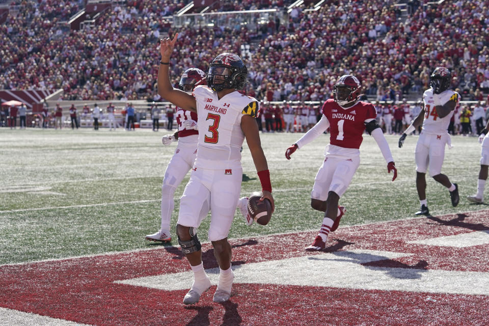 Maryland quarterback Taulia Tagovailoa (3) reacts after scoring a touchdown during the first half of an NCAA college football game against Indiana, Saturday, Oct. 15, 2022, in Bloomington, Ind. (AP Photo/Darron Cummings)