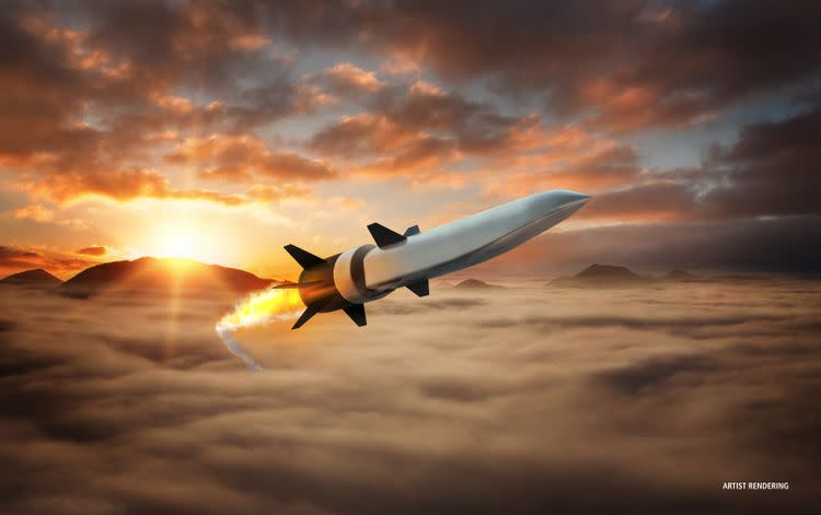 Rendering of a hypersonic missile cruising through the sky.