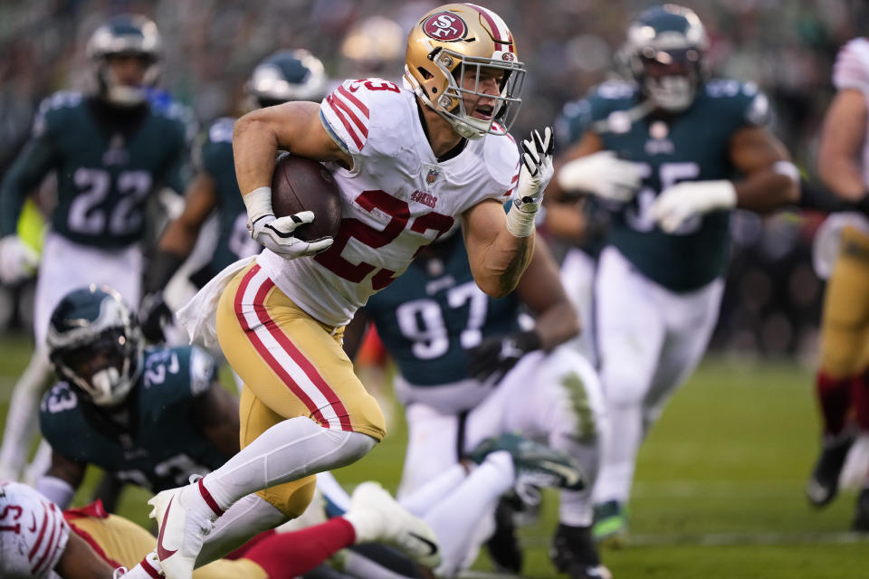 FILE - San Francisco 49ers running back Christian McCaffrey plays during the NFC Championship NFL football game on Sunday, Jan. 29, 2023, in Philadelphia. McCaffrey averaged 114.8 yards from scrimmage per game with 10 TDs in his 10 starts in San Francisco. (AP Photo/Matt Rourke, File)