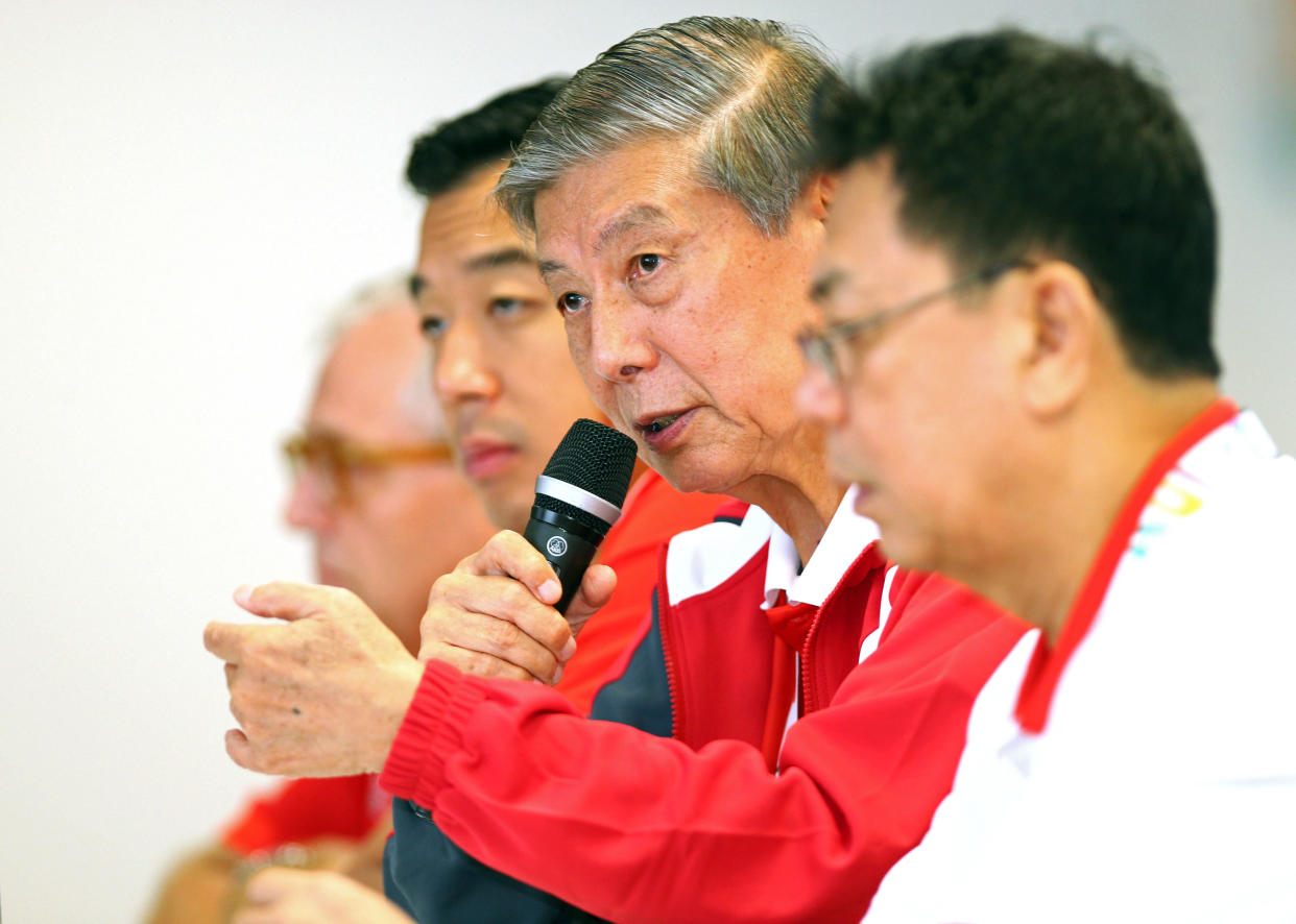 28th SEA Games Singapore 2015 - Singapore Sports Hub, Singapore - 16/6/15    Team Singapore Post-Games Media Conference - Singapore's Chef de Mission Dr Tan Eng Liang (2nd R) speaks   TEAMSINGAPORE  Mandatory Credit: Singapore SEA Games Organising Committee / Action Images via Reuters