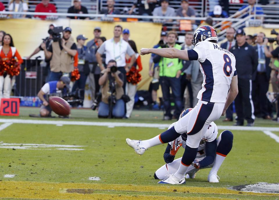 Denver Broncos' Brandon McManus kicks a field goal during the second quarter of the NFL's Super Bowl 50 football game against the Carolina Panthers in Santa Clara, California February 7, 2016. REUTERS/Mike Blake