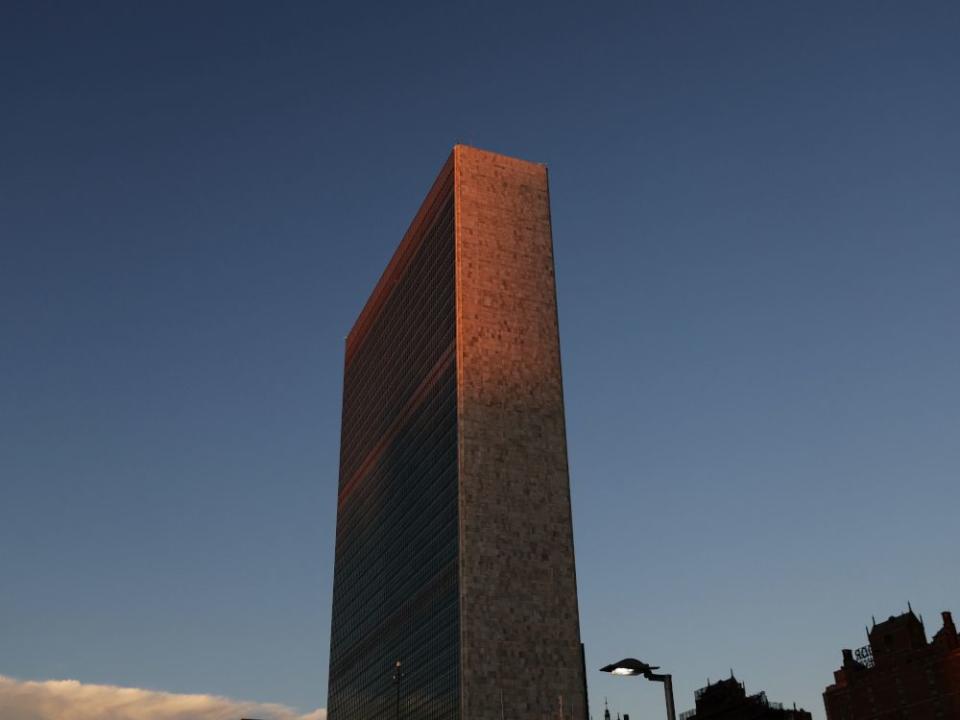 The United Nations building is seen at sunrise during the 77th Session of the United Nations General Assembly at the U.N. Headquarters in New York City
