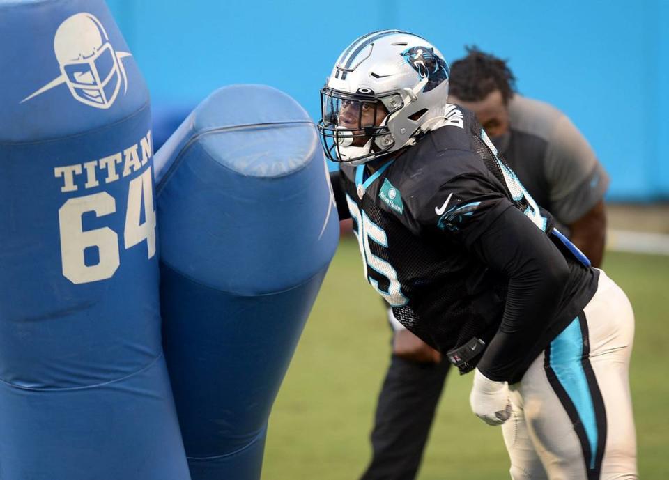 Carolina Panthers defensive tackle Derrick Brown hits the pads during practice at Bank of America Stadium on Wednesday, August 26, 2020.