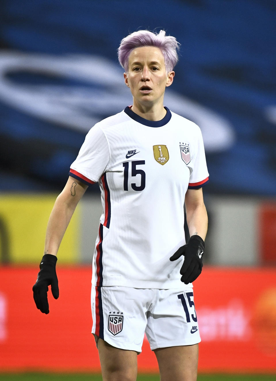 Megan Rapinoe of USA in action during the women's international friendly soccer match between Sweden and USA at Friends Arena in Stockholm, Sweden, Saturday, April 10, 2021. (Claudio Bresciani/TT via AP)