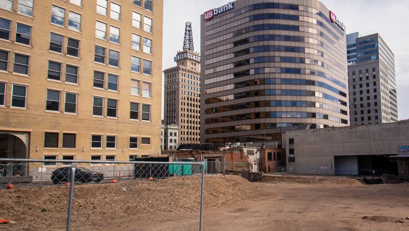An empty lot where the Utah Pantages Theater once stood off Main Street in Salt Lake City on Thursday. The site is where the Main Street Tower is planned to be but the project is facing delays.