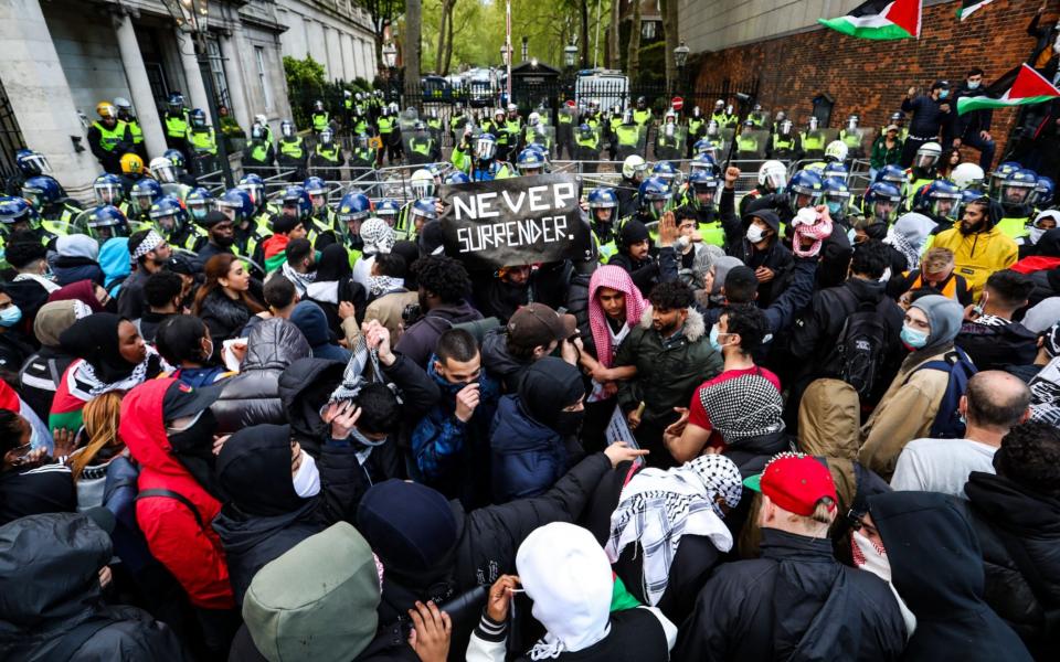 Police take security measures as pro-Palestinian protesters gather outside Israeli Embassy  -  Anadolu