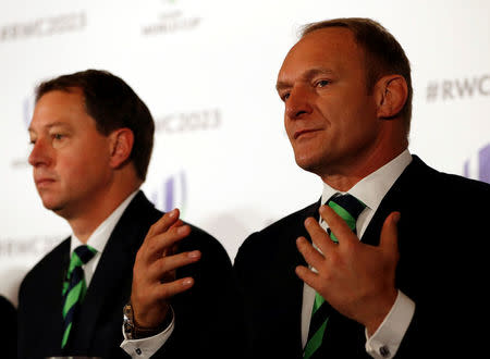 Rugby Union - Rugby World Cup 2023 host country candidates press conference - Royal Garden Hotel, London, Britain - September 25, 2017 Former captain of South Africa, Francois Pienaar during the press conference Action Images via Reuters/Paul Childs