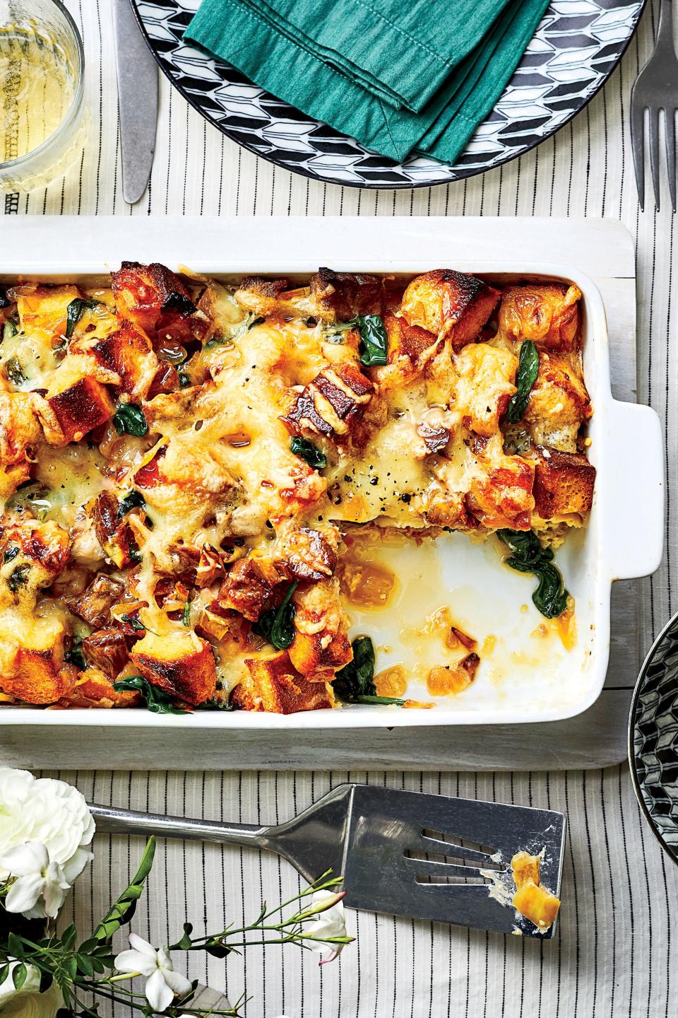 Caramelized Onion, Spinach, and Pork Strata