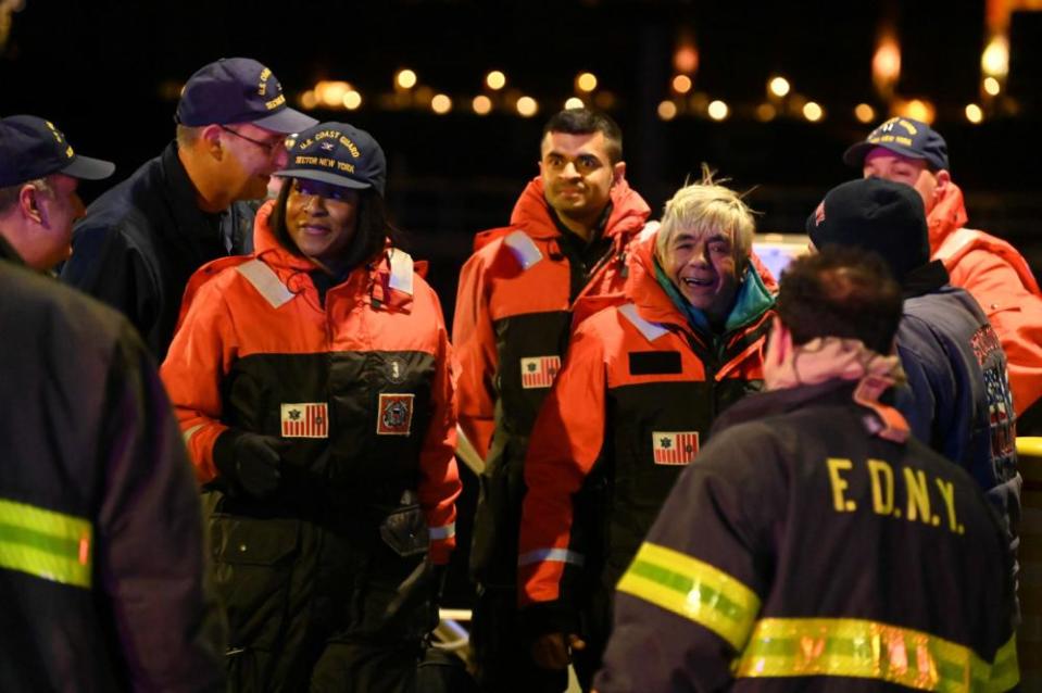 A crew from New York returns sailors Kevin Hyde and Joe Ditomasso to dry land after their ordeal at sea aboard Atrevida II.