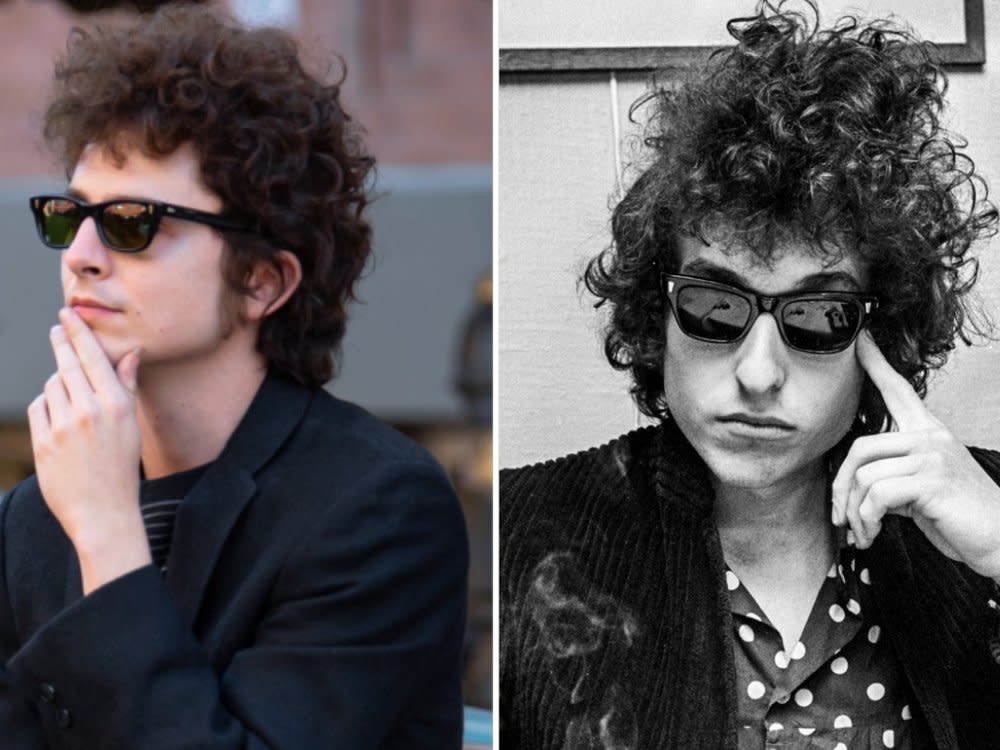 Links Timothée Chalamet 2024 als Bob Dylan und rechts der echte Bob Dylan im Jahr 1966. (Bild: METROPOLIS/Bauer-Griffin/GC Images / imago images/TT)