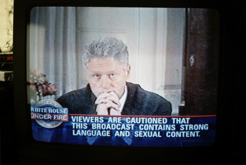 Bill Clinton confesses on television to the American people that he did indeed have sexual relations with "that woman," Monica Lewinsky in August 1998