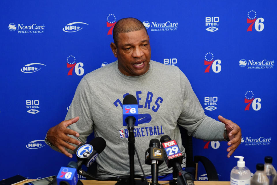 Philadelphia 76ers' Doc Rivers speaks to the media after practice at the NBA basketball team's facility, Sunday, Oct. 17, 2021, in Camden, N.J. (AP Photo/Matt Slocum)