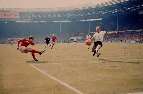 Geoff Hurst scores England's third goal against West Germany in the World Cup final at Wembley Stadium. The goal, awarded upon the judgement of the Russian linesman has remained one of the most controversial goals in the history of the competition. England became World champions with a 4-2 victory after extra time - Credit: hulton archive