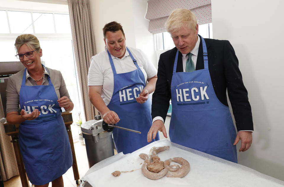 Conservative party leadership candidate Boris Johnson makes sausages during a visit to Heck Foods Ltd. headquarters near Bedale in North Yorkshire ahead of the latest hustings in York later.