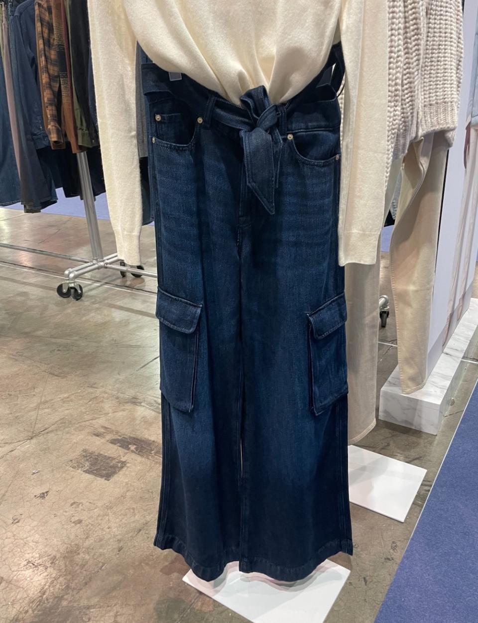 Wide-leg cargos in the Denim Lustre fabrication.