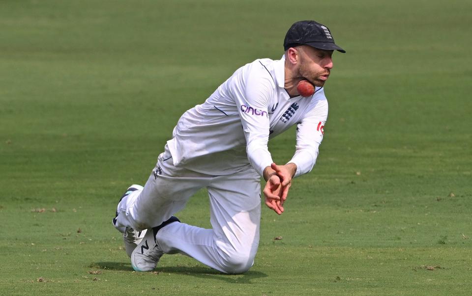 England's Jack Leach is bowled after a misfield on the second day of the 1st Test Match between India and England at the Rajiv Gandhi International Stadium in Hyderabad on January 26, 2024.