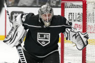 Los Angeles Kings goaltender Jonathan Quick watches a shot go by during the first period in Game 6 of an NHL hockey Stanley Cup first-round playoff series against the Edmonton Oilers Thursday, May 12, 2022, in Los Angeles. (AP Photo/Mark J. Terrill)