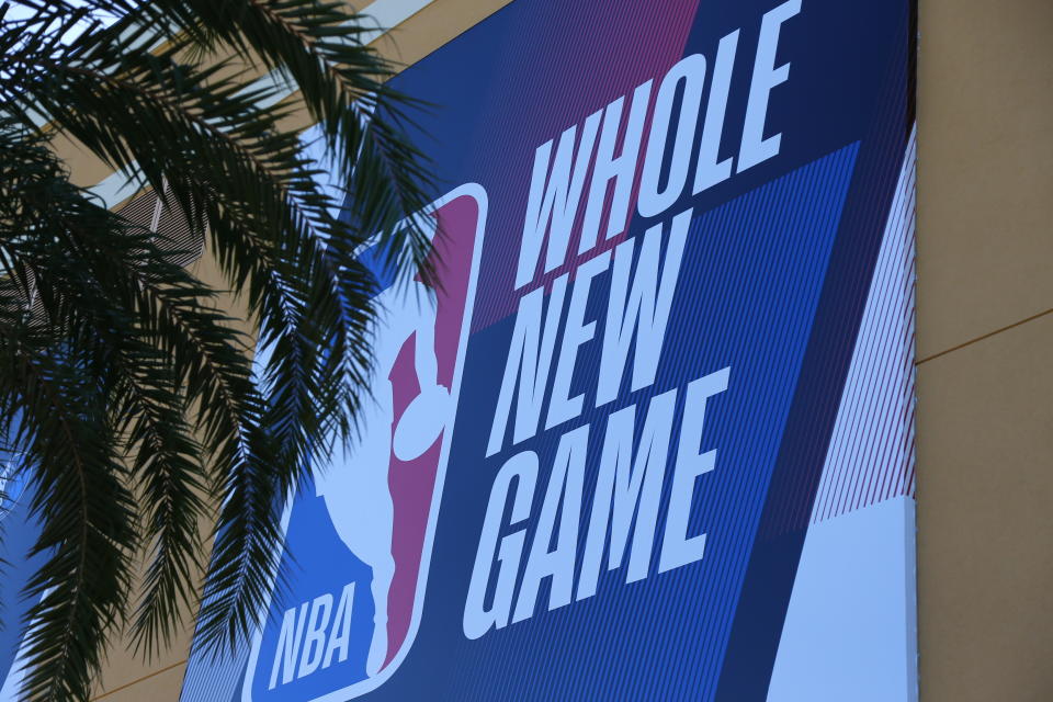 A general view outside of The Field House before Game 5 of an NBA basketball first-round playoff series, between the Oklahoma City Thunder and Houston Rockets, Wednesday, Aug. 26, 2020, in Lake Buena Vista, Fla. NBA players made their strongest statement yet against racial injustice Wednesday when the Milwaukee Bucks didn’t take the floor for their playoff game against the Orlando Magic. (Kim Klement/Pool Photo via AP)