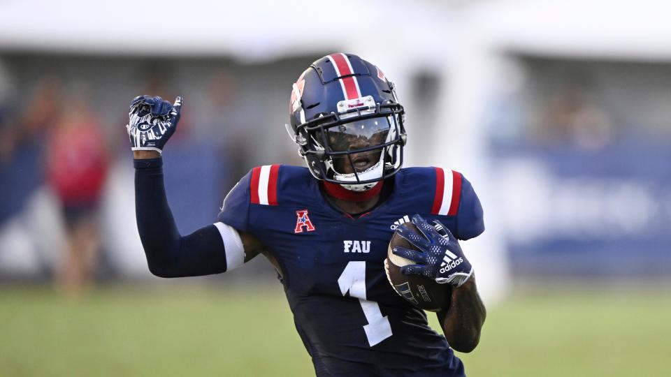 FAU's LaJohntay Wester during an NCAA football game on Saturday, Oct. 7, 2023 in Boca Raton, Fla. (AP Photo/Doug Murray)