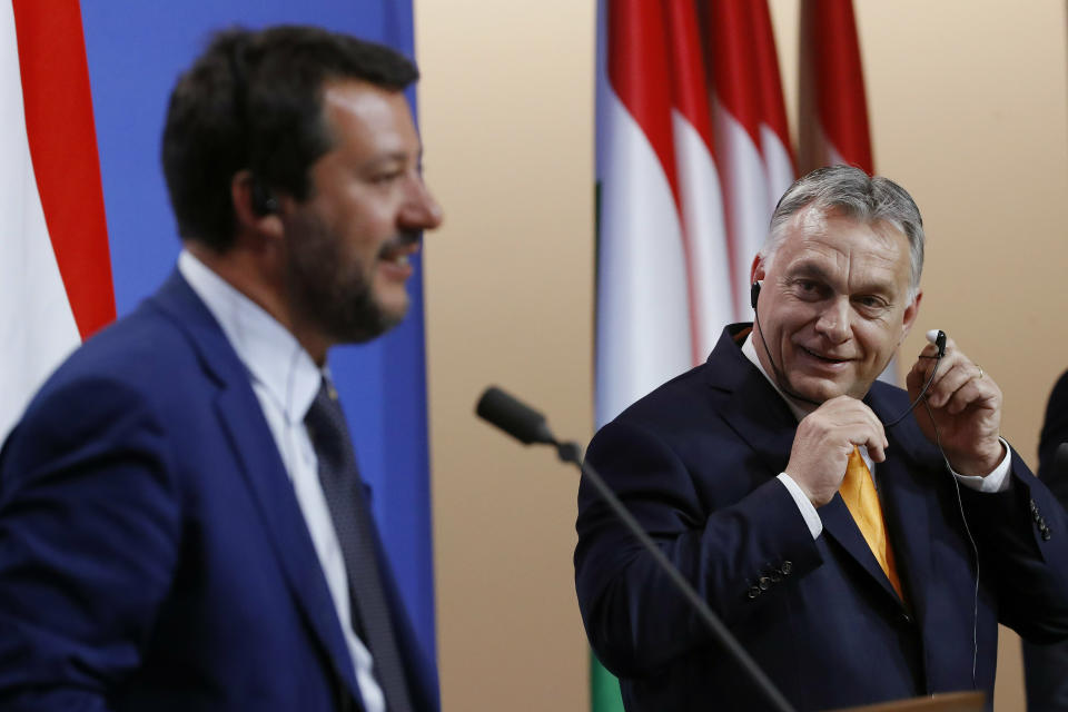 Italian Deputy Prime Minister and Minister of Interior Matteo Salvini, left, and Hungarian Prime Minister Viktor Orban during their joint press conference in the PM's office in Budapest, Hungary, Thursday, May 2, 2019. (Szilard Koszticsak/MTI via AP)
