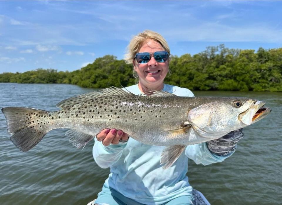 Huge trout like this one caught and released March 25, 2024 with Capt. Peter Deeks have been along the shorelines.