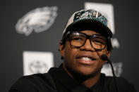 Newly drafted Philadelphia Eagles' Nolan Smith speaks during a news conference at the NFL football team's training facility, Friday, April 28, 2023, in Philadelphia. (AP Photo/Matt Slocum)