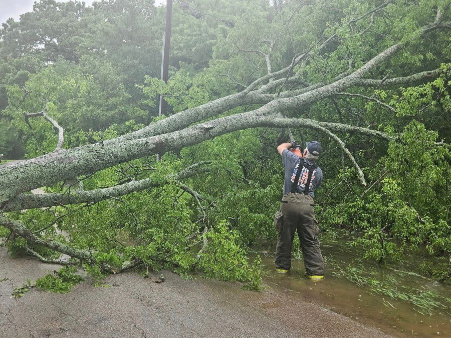 Point Fire Department clearing a fallen tree on CR 4480. Photo courtesy of Point Fire Department.