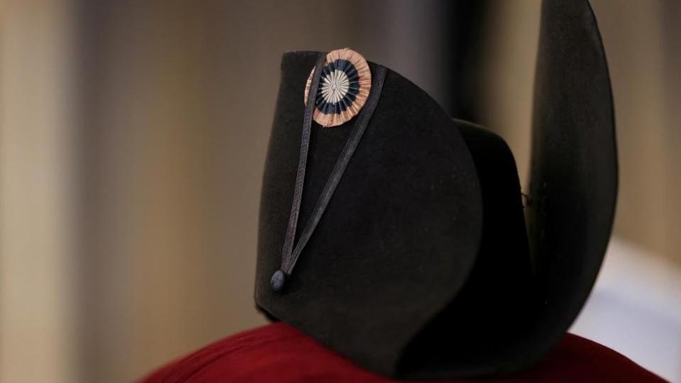 A "black beaver" felt two-cornered hat with an embroidered tricolor cockade belonging to French Emperor Napoleon Bonaparte, from the Collection Jean Louis Noisiez, is displayed before going on auction at Osenat auction house, in Paris, France, November 6, 2023.