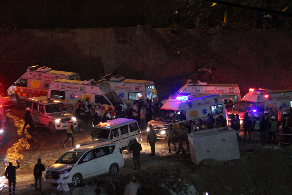 Ambulances drive past carrying workers rescued from the site of an under-construction road tunnel that collapsed in Silkyara in the northern Indian state of Uttarakhand, India, Tuesday, Nov. 28, 2023. India’s transportation minister says all 41 construction workers who were trapped in a collapsed mountain tunnel in the country’s north have been pulled out. (AP Photo)