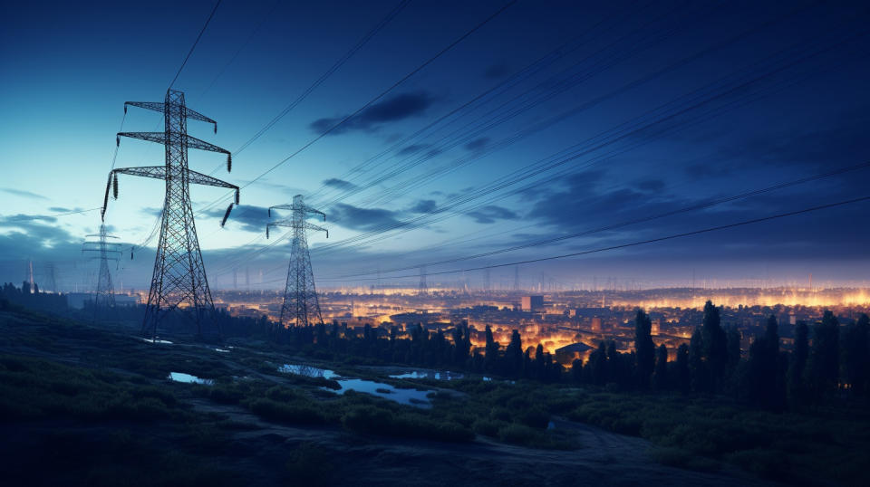 Brightly-lit nighttime view of an electricity power grid with distribution lines and transmission substations.