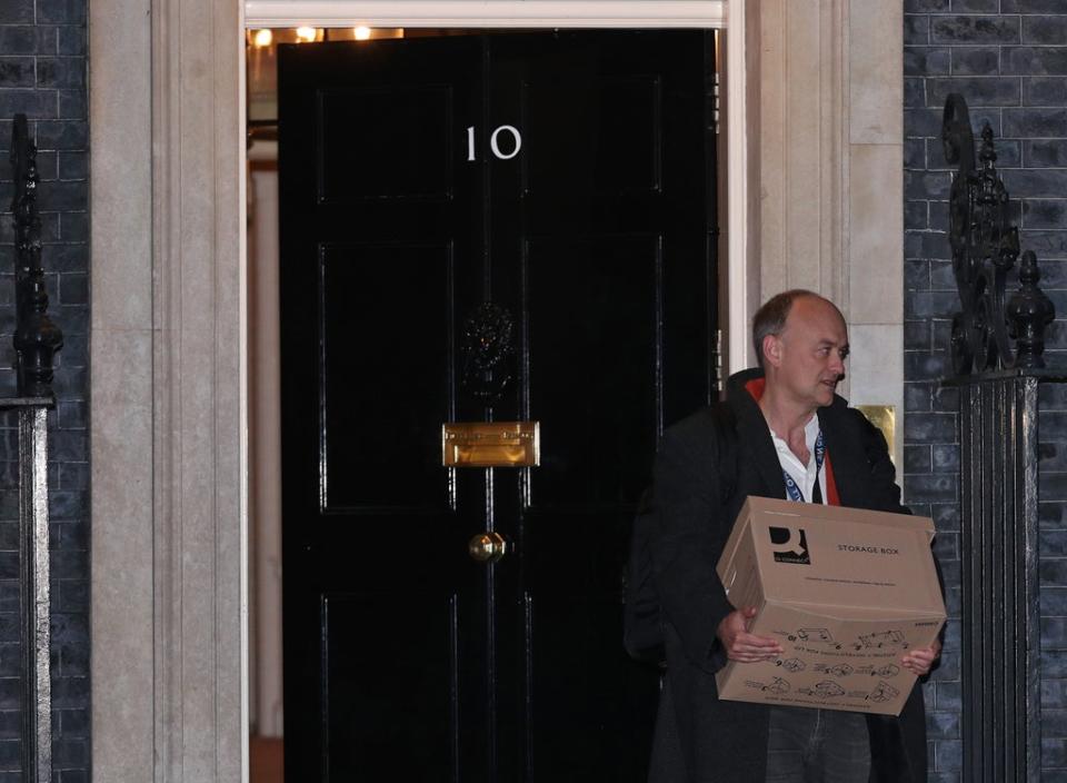 Dominic Cummings leaves 10 Downing Street, London, with a box (Yui Mok/PA) (PA Archive)