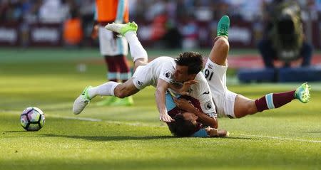 Britain Football Soccer - West Ham United v Swansea City - Premier League - London Stadium - 8/4/17 West Ham United's Mark Noble in action with Swansea City's Jack Cork Reuters / Eddie Keogh Livepic