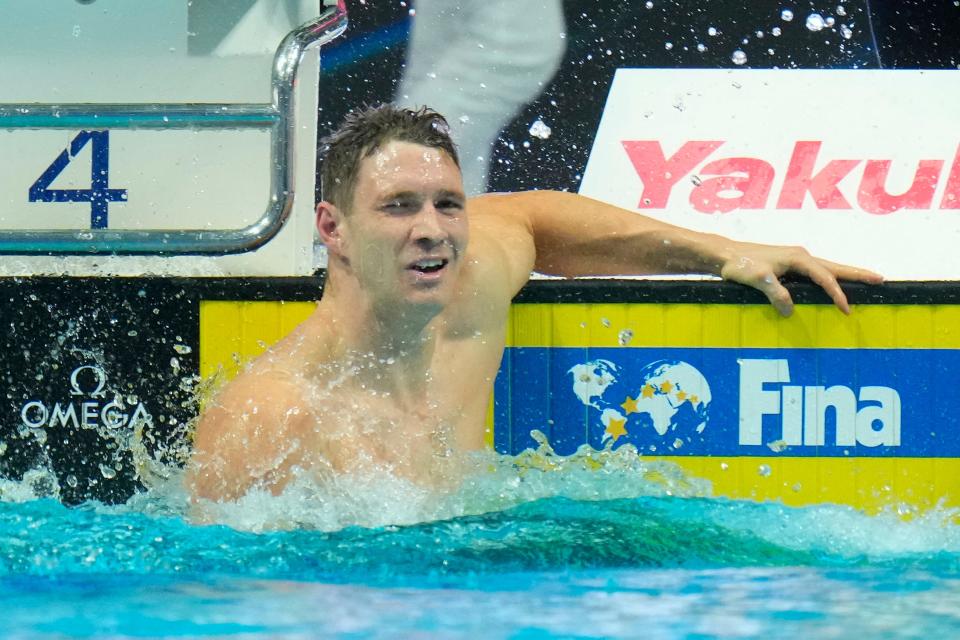 Ryan Murphy celebrates after winning the world championship in the 200-meter backstroke at the FINA World Championships in June.