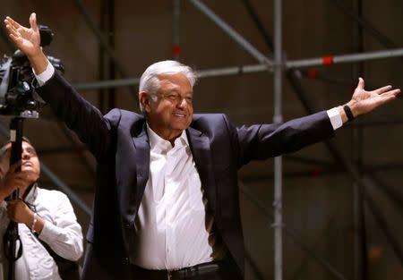 Mexico's next President Andres Manuel Lopez Obrador gestures to supporters, in Mexico City, Mexico July 1, 2018. REUTERS/Alexandre Meneghini