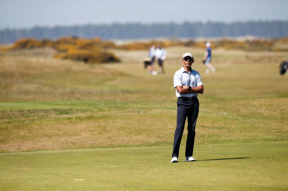 ST ANDREWS, SCOTLAND - MAY 26: Former United States President Barack Obama plays a round of golf at the Old Course on May 26, 2017 in St Andrews, Scotland. (Photo by Robert Perry/Getty Images)