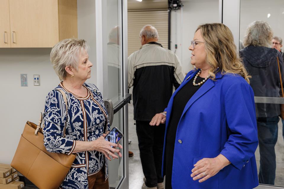 State Senator Julie Daniels (left) and Superintendent and CEO of Tri County Tech Tammie Strobel talk about the new facility on Tuesday.
