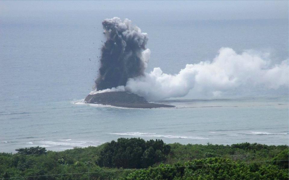 In this photo provided by the Japan Maritime Self-Defense Force, steam billows from the waters off Iwoto island, Ogasawara town in the Pacific Ocean (AP)