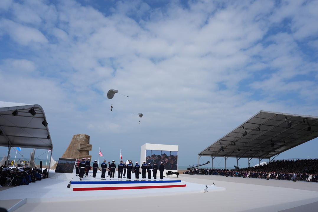 Parachutists during the official international ceremony to mark the 80th anniversary of D-Day, at Omaha Beach. (PA)