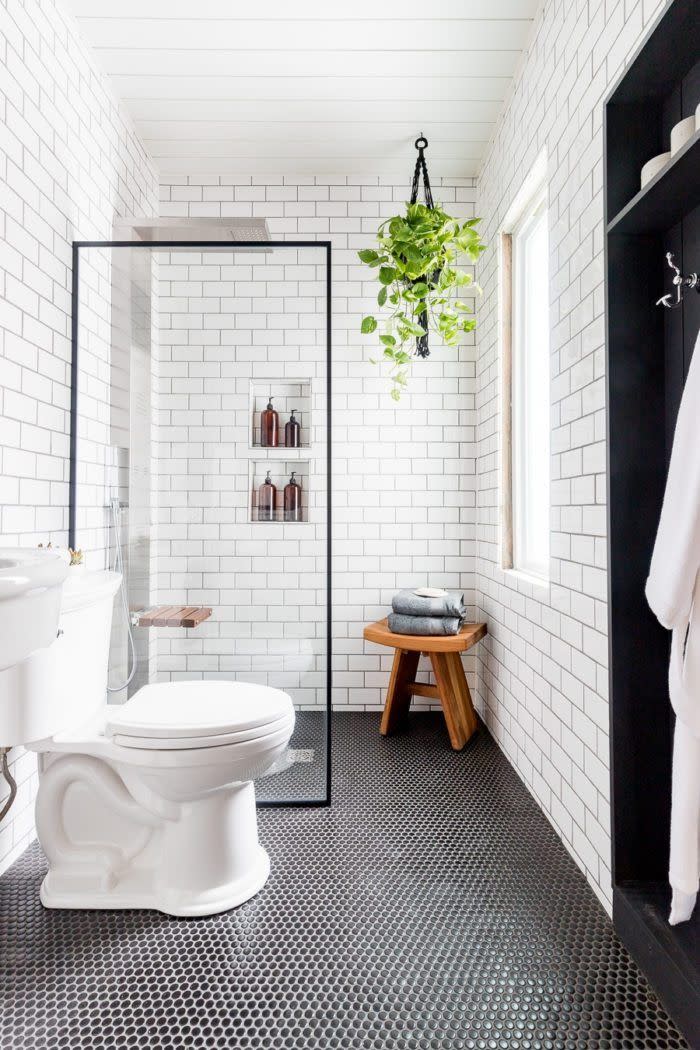 bathroom shelf ideas, industrial shower shelves in the white tile bathroom