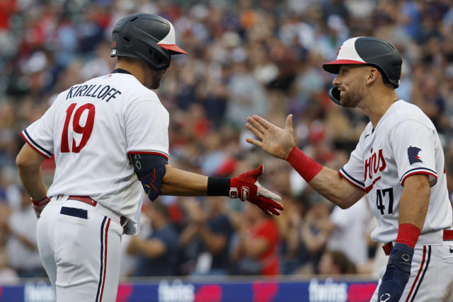 Alex Kirilloff of the Minnesota Twins celebrates his solo home run