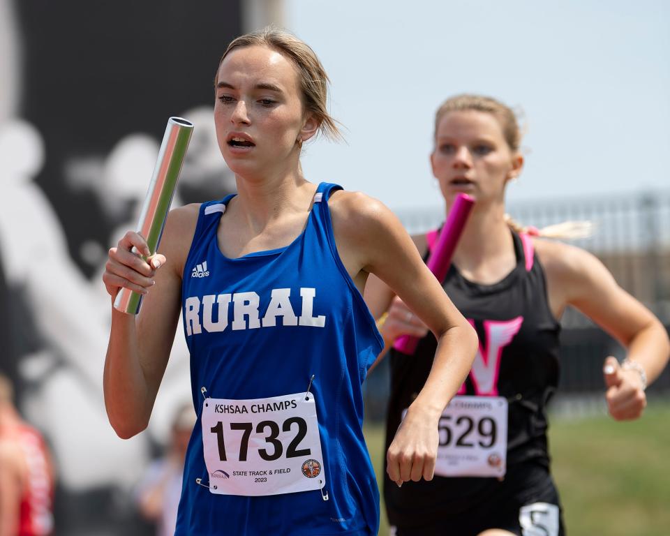 Washburn Rural Payton Fink competes in the 4x800 Saturday May. 27, 2023, during state track at Cessna Stadium in Wichita, Kan.