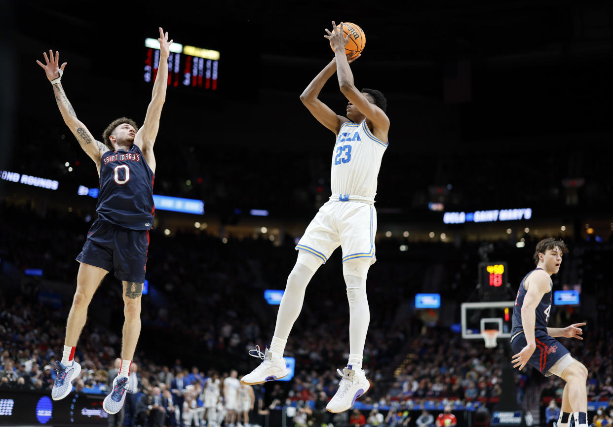 UCLA guard Peyton Watson shoots the ball against St. Mary's during the the second round of the 2022 NCAA men's tournament on March 19, 2022, in Portland, Oregon. (Soobum Im/USA TODAY Sports)