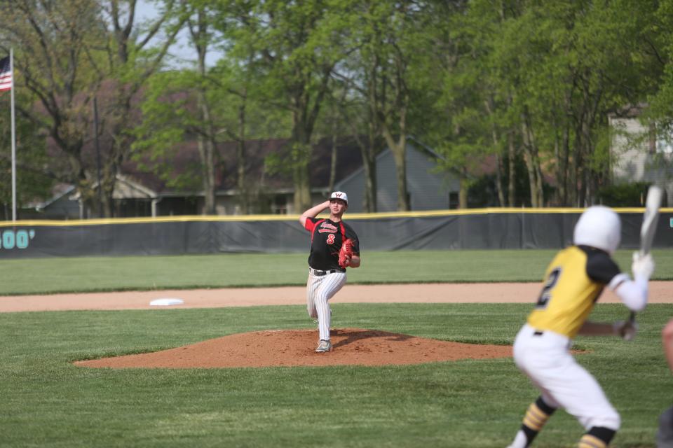 Wapahani's Gavin Lash pitched five innings to help beat Cowan 12-1 in the first round of the 2022 Delaware County baseball tournament at Yorktown High School on Tuesday, May 10, 2022.