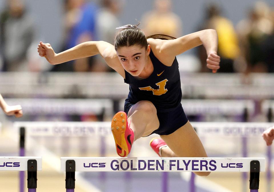 Victor’s Emma Goodell won the girls 55-meter hurdles event.