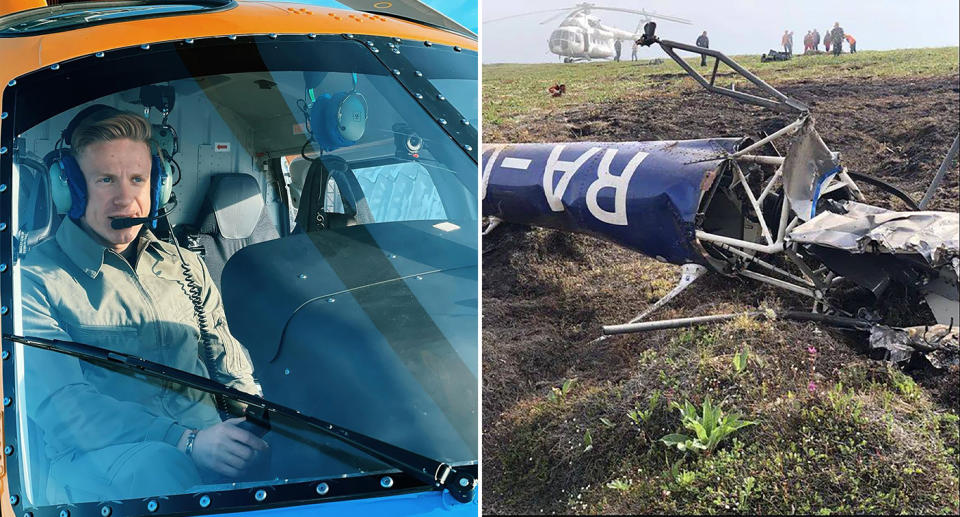 Igor Malinovsky, 25, and the helicopter crash site. 